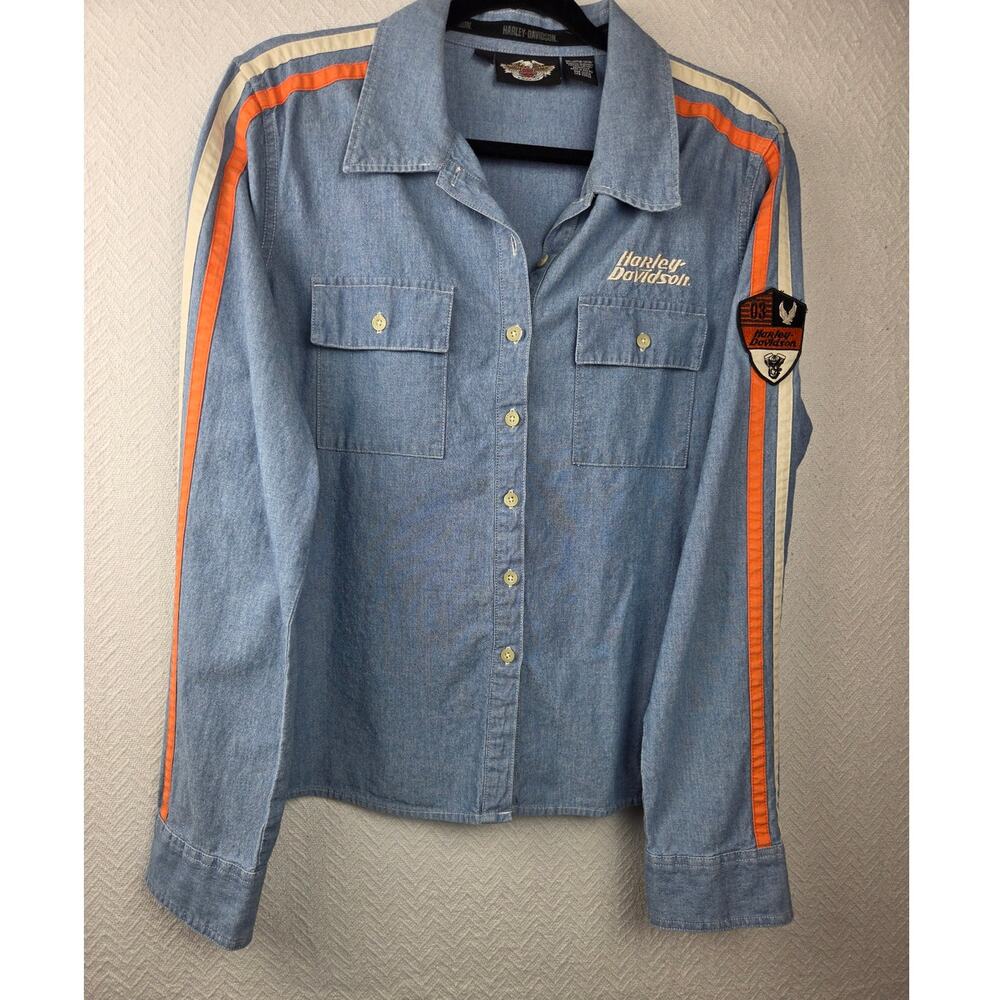 Vintage 2005 Harley Davidson Light Blue Chambray Women's XL Racing Stripe Sleeve